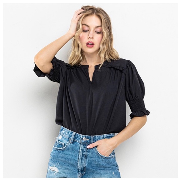 Boho Ruffle Smoking Short Sleeve Blouse Top - Picture 4 of 5